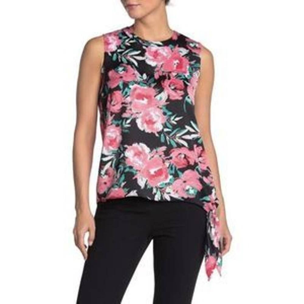 Calvin Klein Pink Black Floral Side Tie Sleeveless Tank Top Shell S